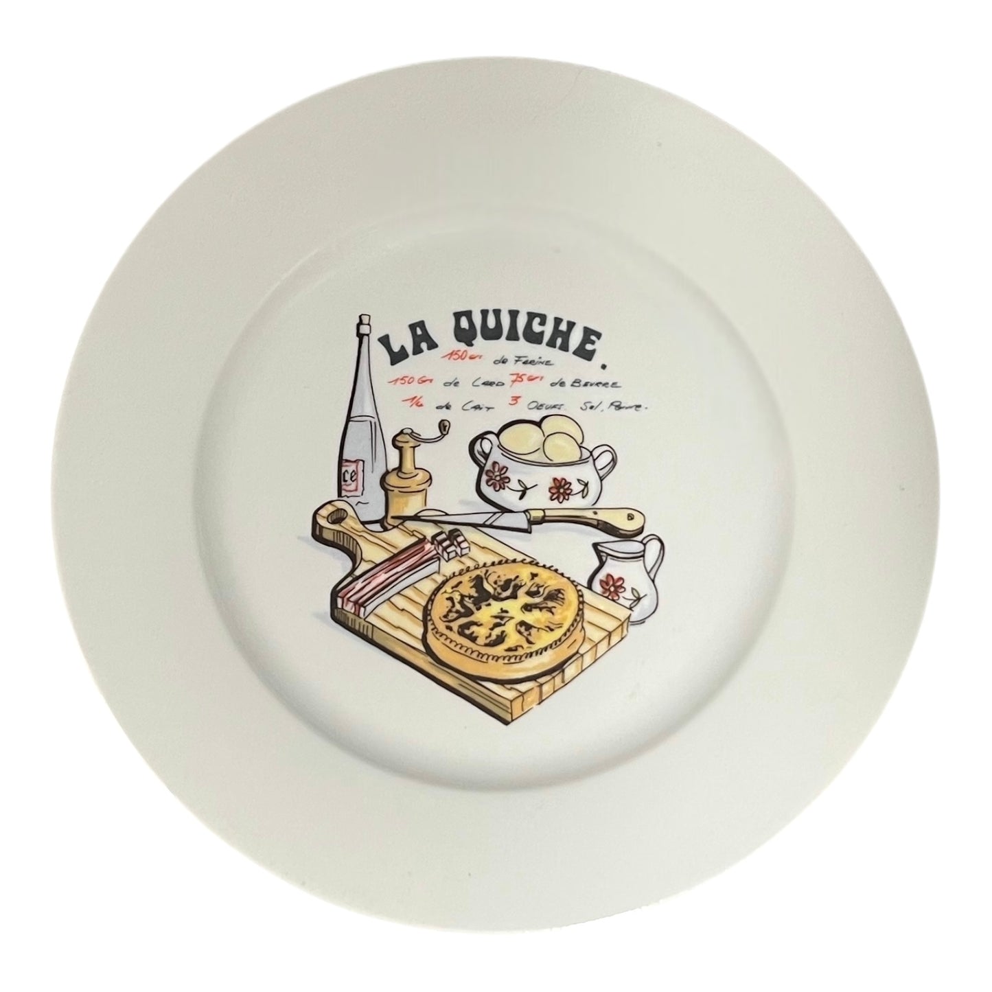 Decorative plate with 'La Quiche' design featuring a pie, bottle, and other items on a white background.