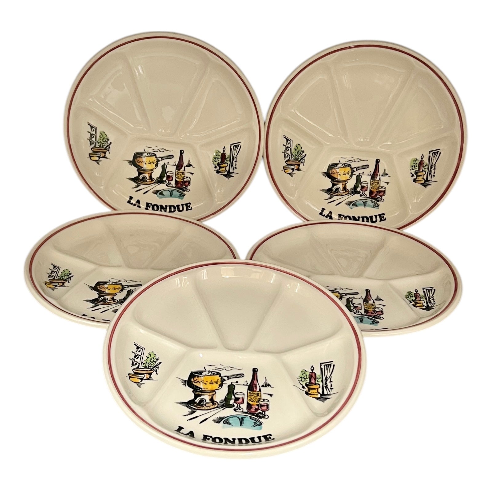 French Vintage Fondue Plates or BBQ Plates, Gien Sectioned Dinner Plates 