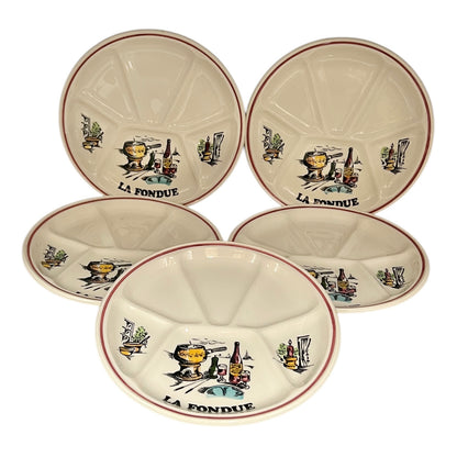 French Vintage Fondue Plates or BBQ Plates, Gien Sectioned Dinner Plates 