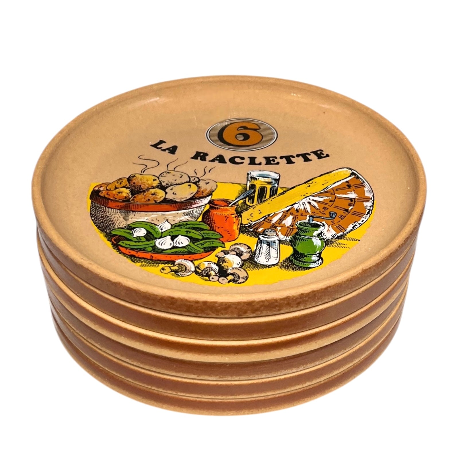 Set of plates with 'La Raclette' branding and illustrations on a white background