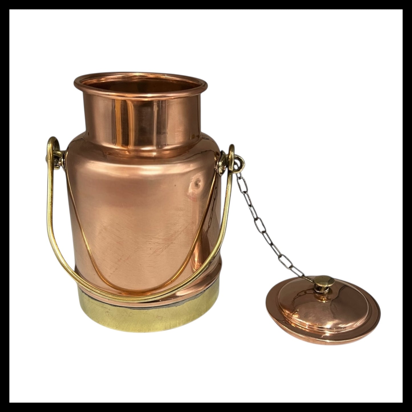 Vintage Copper & Brass Milk Cream Churn, Small 1.9L French Copper Canister with brass handle and lid on a chain for sale from All Things French Store