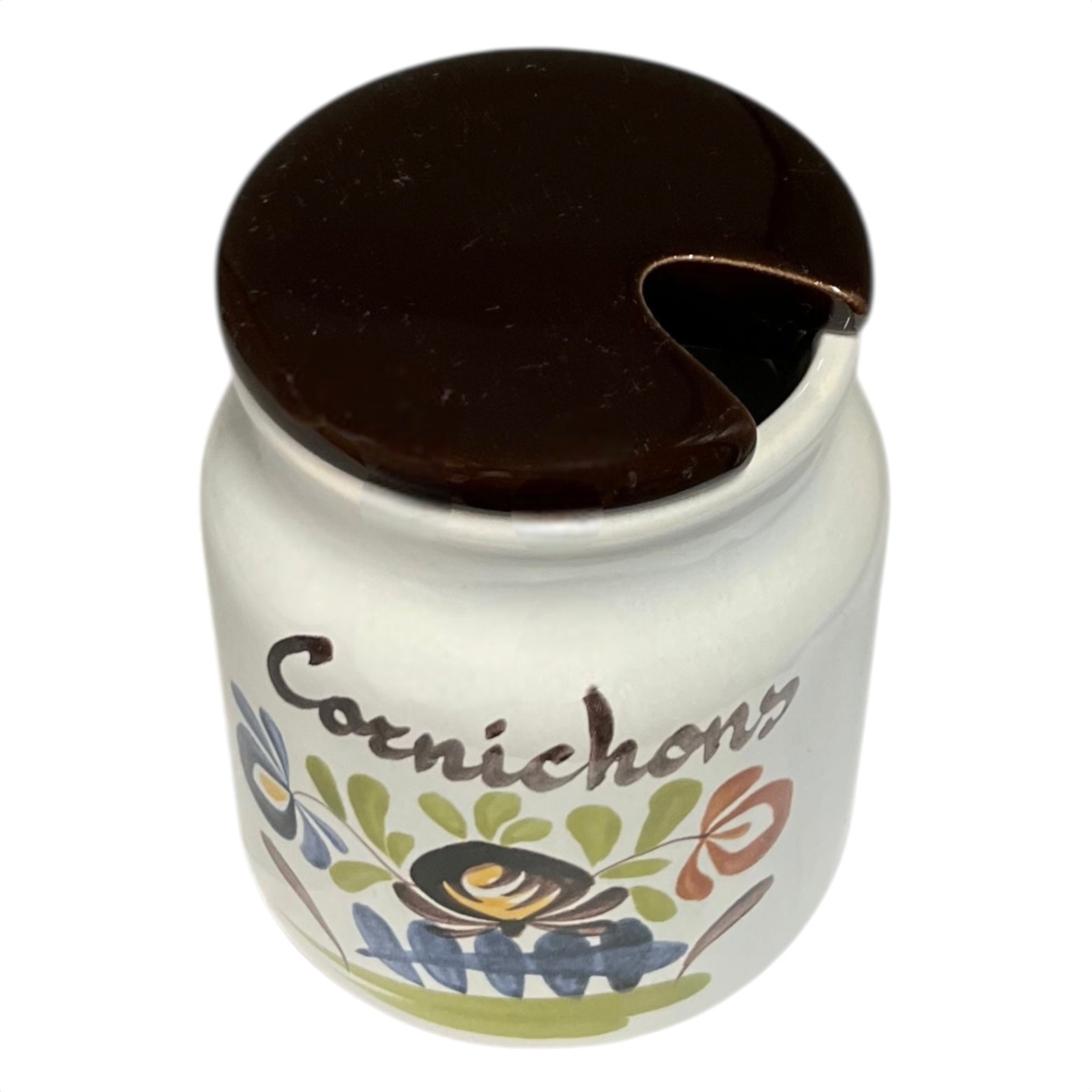 A charming decorative ceramic jar adorned with a floral design and the word 'Cornichons', perfect for adding a rustic touch to a country cottage or farmhouse kitchen, set against a clean white background.