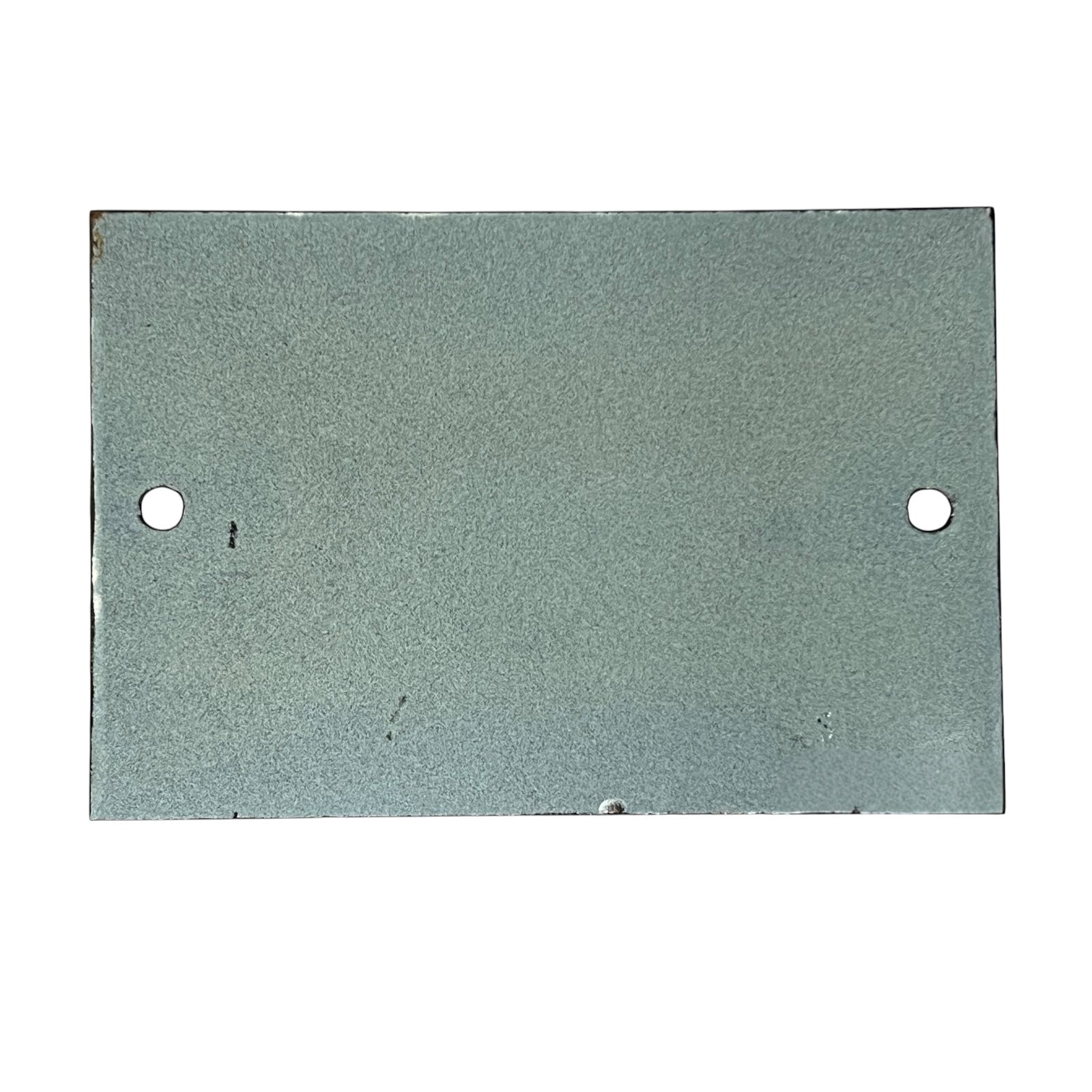 A rectangular metal mounting plate with two pre-drilled holes, one on each side, finished in a textured matte gray-green color.