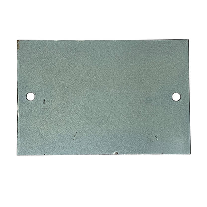 A rectangular metal mounting plate with two pre-drilled holes, one on each side, finished in a textured matte gray-green color.