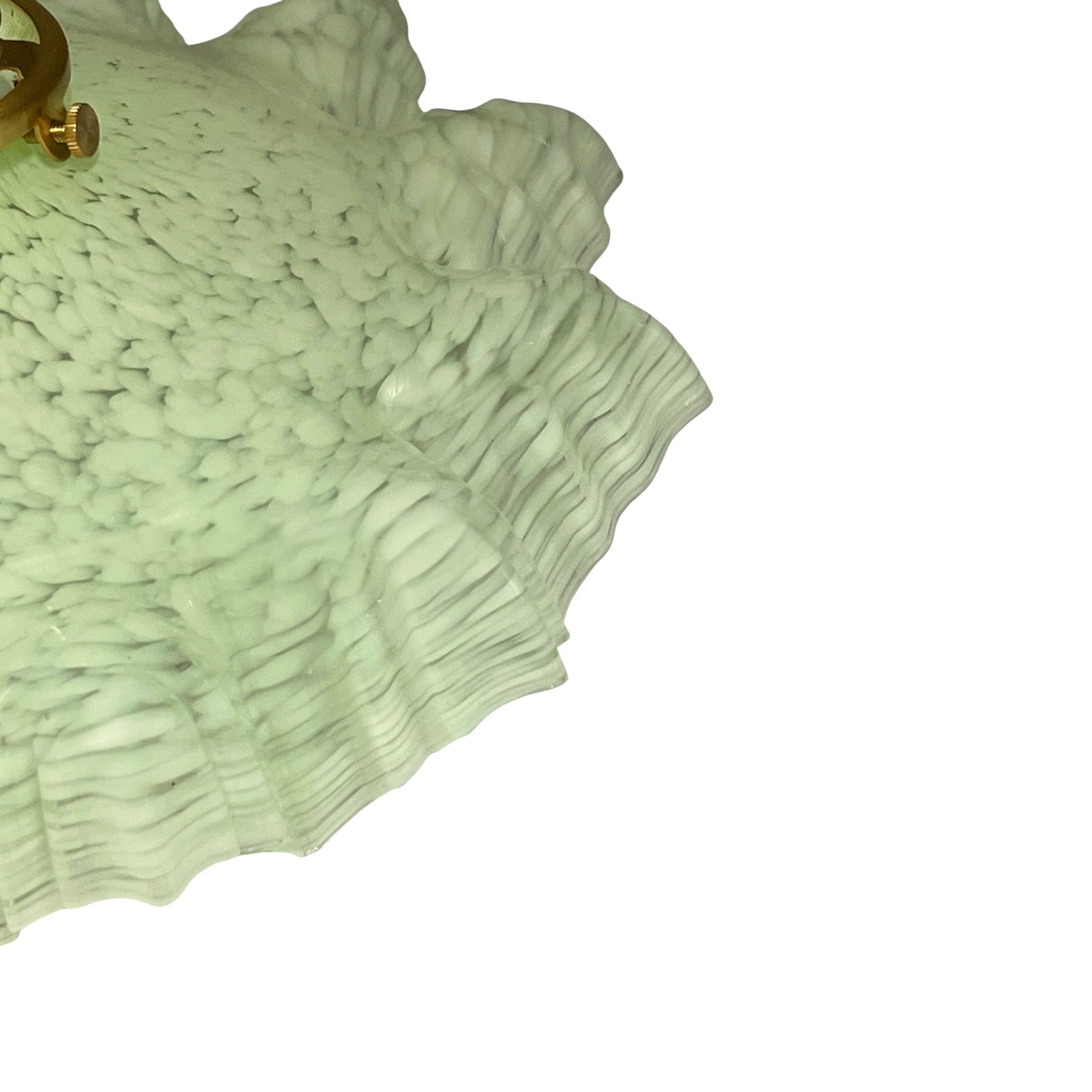 A close-up of a textured, ruffled light fixture shade in a pale sage green color, showing a brass-colored metal mounting ring in the top-left corner against a solid white background.