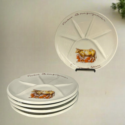 5 French Vintage Fondue Plates, Sectioned Buffet Portion Control Plates