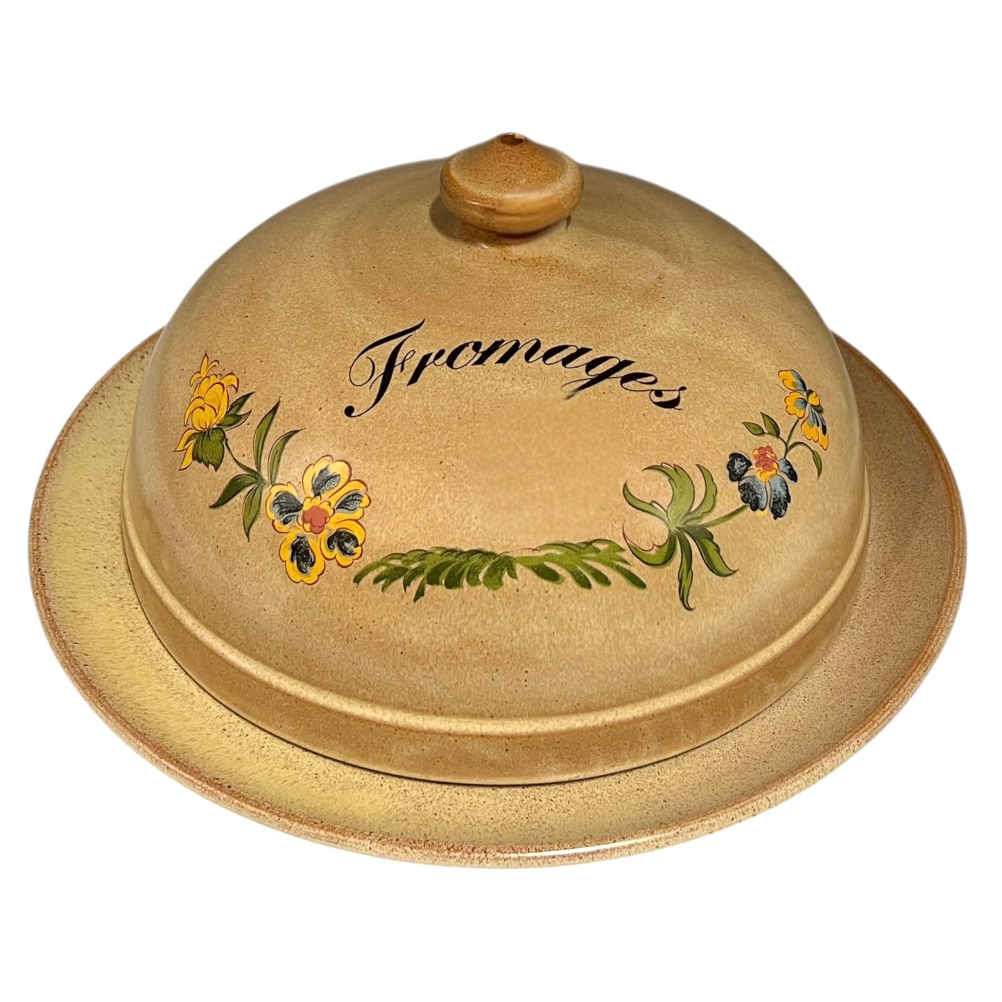 Ceramic cheese dish with floral designs and 'Fromage' text on a white background