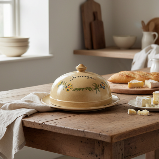 Cheese dish on a wooden table with bread and cheese in a kitchen setting