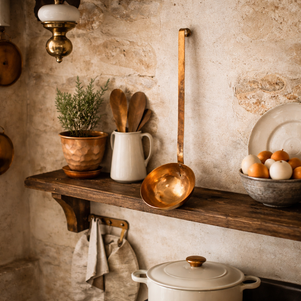 French copper ladle on a kitchen shelf with pots, utensils, and a plant against a stone wall.