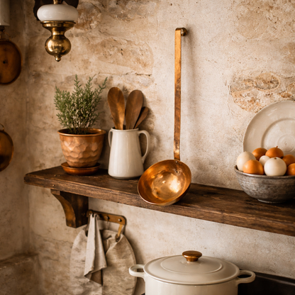 French copper ladle on a kitchen shelf with pots, utensils, and a plant against a stone wall.
