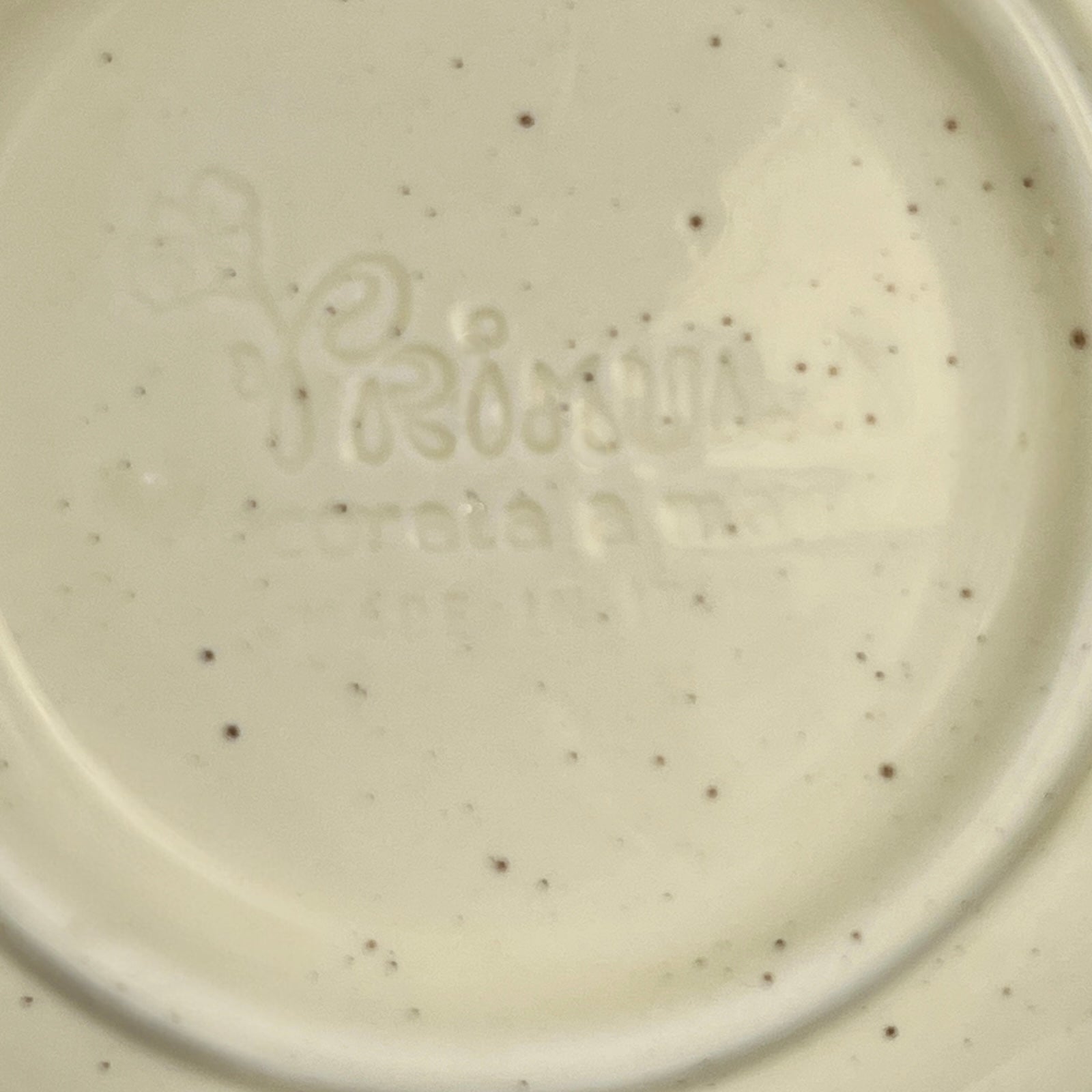 Close-up of a ceramic plate with speckled pattern and 'Primula' branding.