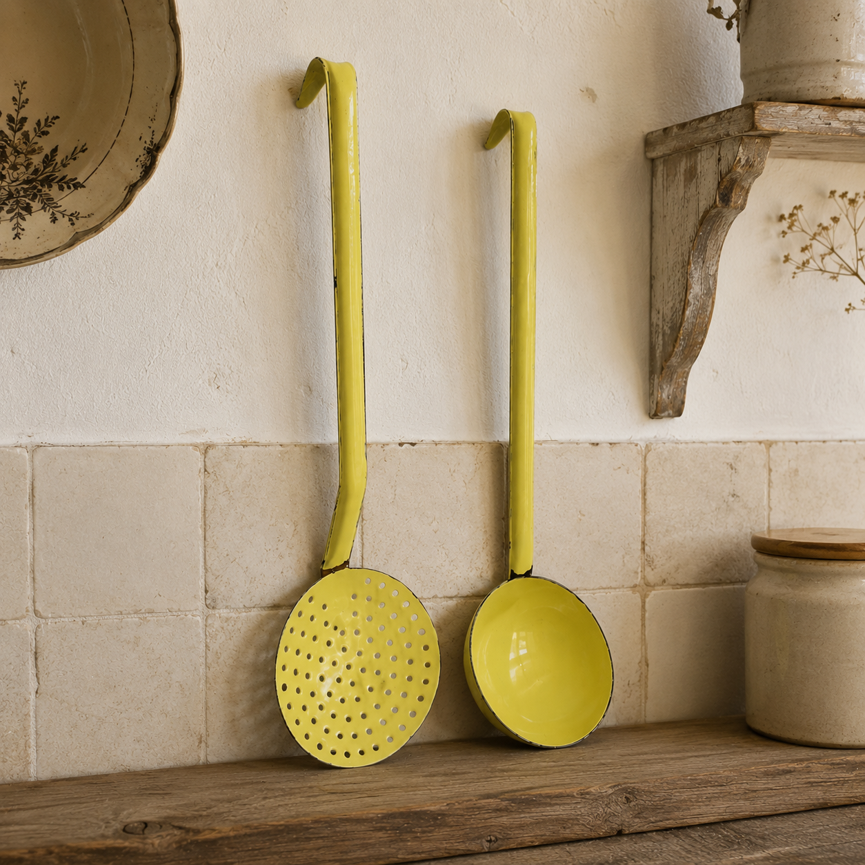 Vintage French Yellow Enamel Ladle & Skimmer Set – Kitchen Utensils