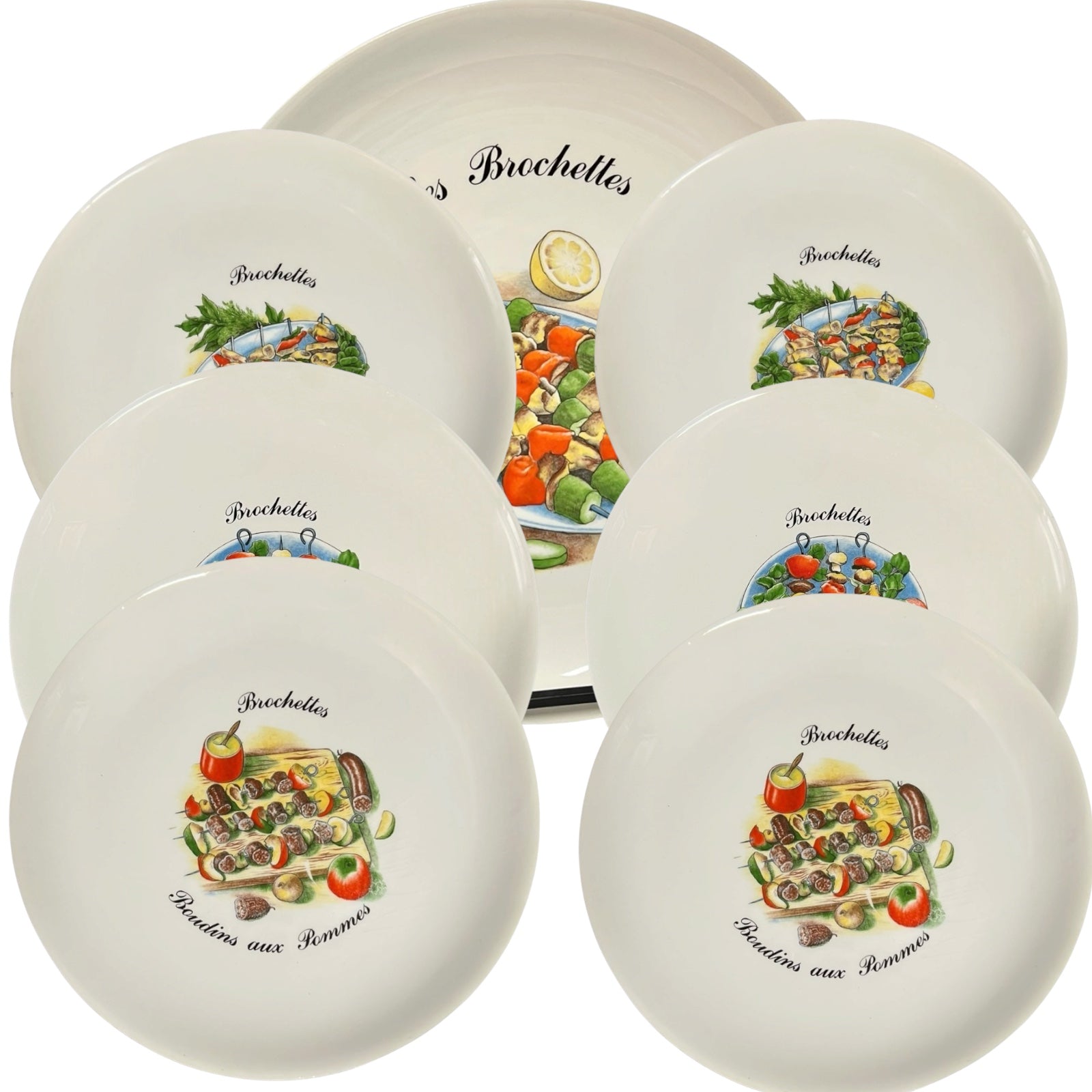 Set of ceramic plates with food illustrations and text on a white background