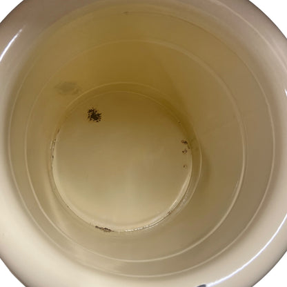 Close up of French vintage cream and green enamel bucket with a lid and handle on a white background