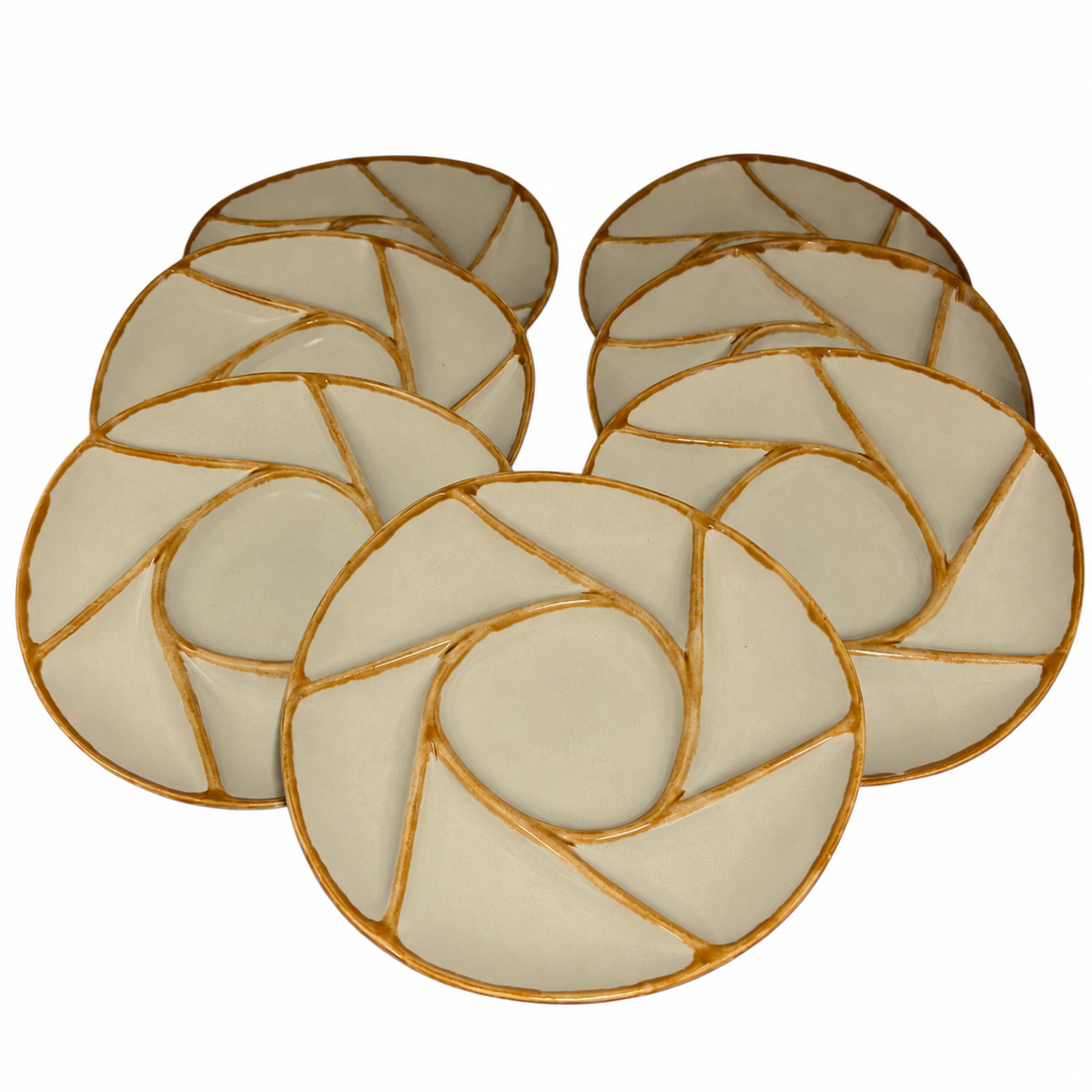 A set of round ceramic dinner plates with a modern geometric design, featuring a cream-colored centre and a metallic gold border, arranged in a circular pattern on a white background.