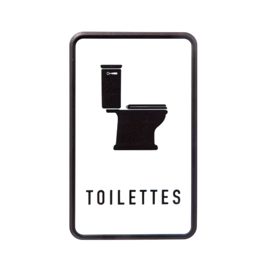 Black and white metal sign with a toilet icon and 'TOILETTES' text on a white background