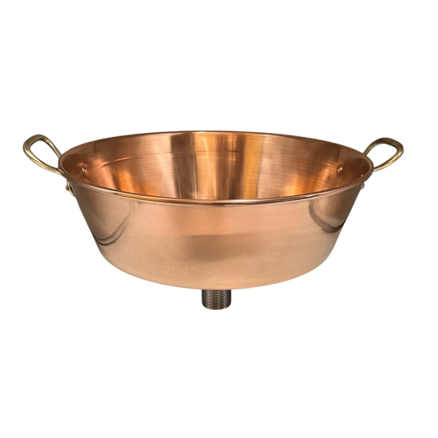Copper up cycled sink basin with brass handles and a brass pop up waste, ideal for a rustic bathroom or camper van, set on a white background