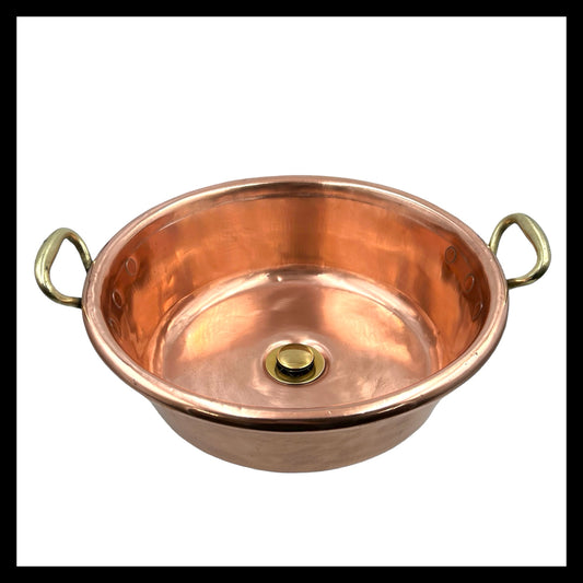 Up cycled vintage French copper basin sink with brass handles and a new brass topped waste for sale by All Things French Store