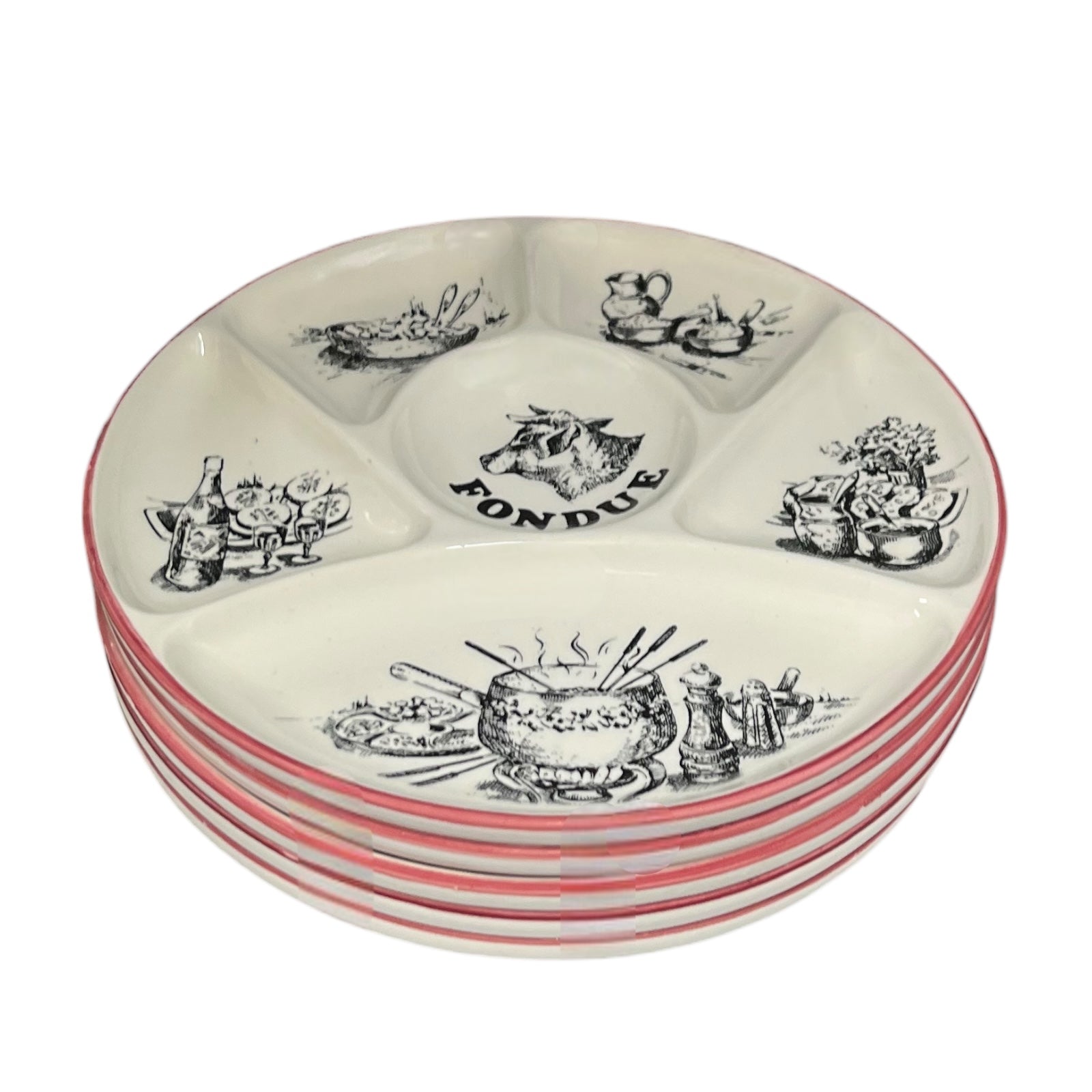 Set of ceramic plates with fondue-themed design on a white background