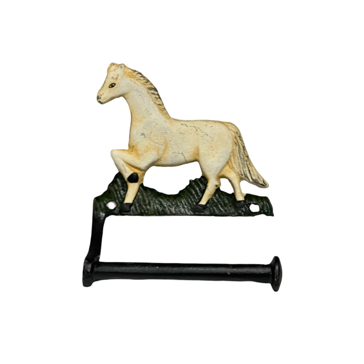 A decorative horse-shaped hanging rack or hook with an off-white horse figure standing on a dark textured base and a long black hanging bar, shown on a plain white background.