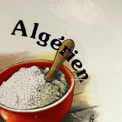 Illustration of a bowl with a spoon and text 'Algérien' on a beige background