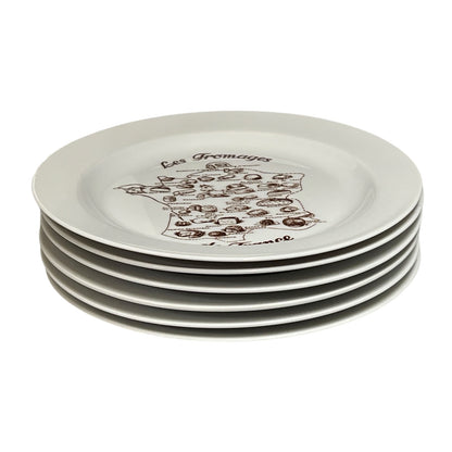 Set of four white plates with black text and graphics on a white background