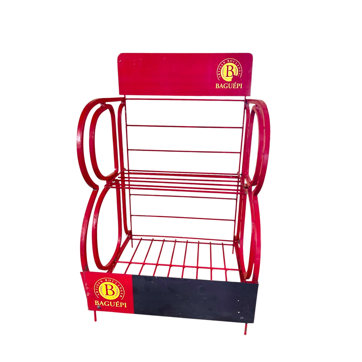 A red metal retail display rack with two tiers of wire shelving, featuring circular side supports and branded panels at the top and bottom that read BAGUEPI.