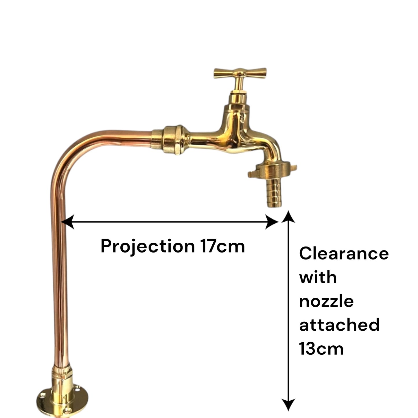 Gold faucet with measurements on a white background