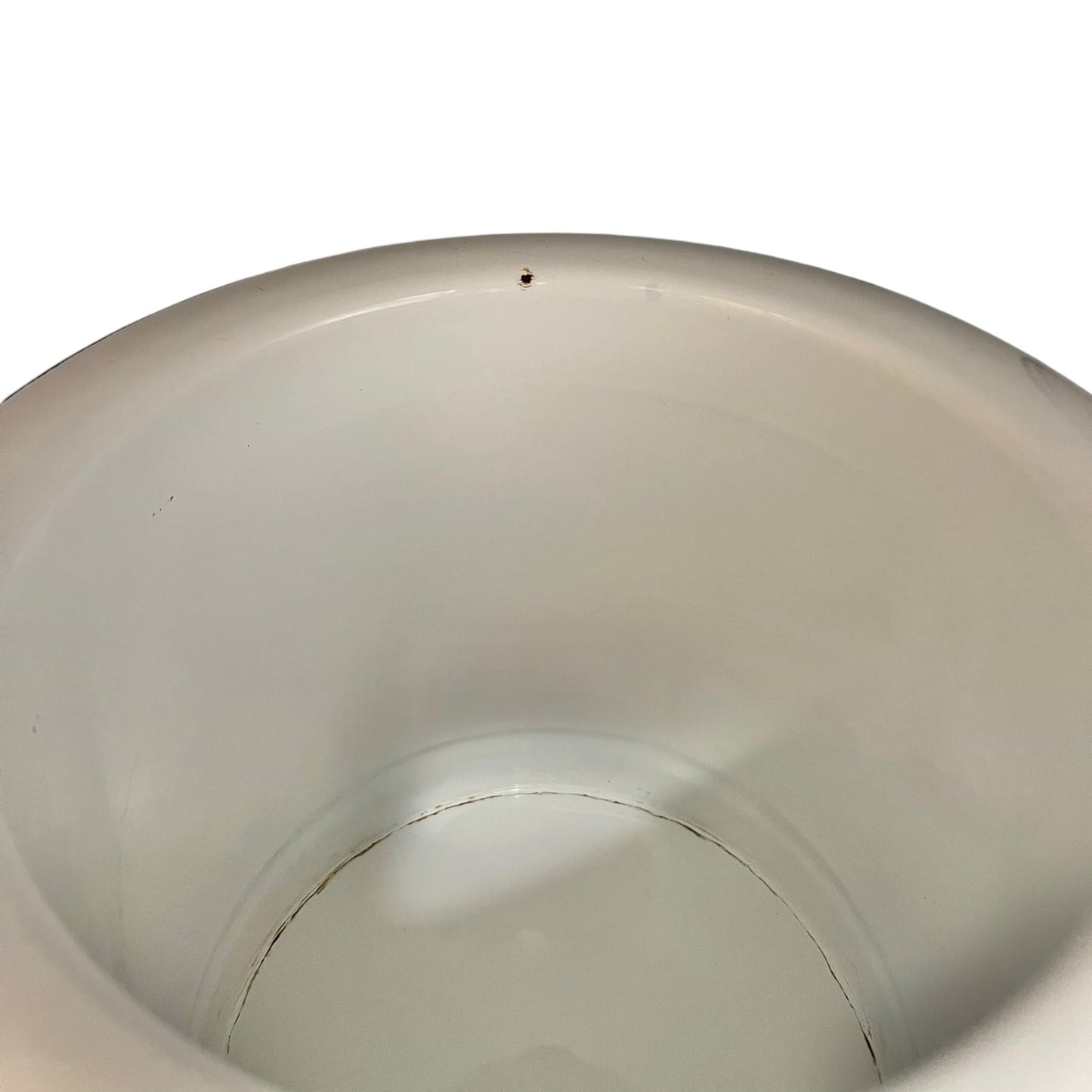 Close up of a vintage enamel lidded white bucket on a white background