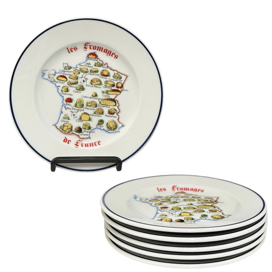 Set of ceramic plates with a map of France and cheese illustrations on a white background.