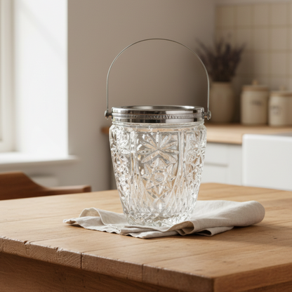 Decorative glass vintage ice bucket with metal collar and handle on a wooden table in a kitchen setting