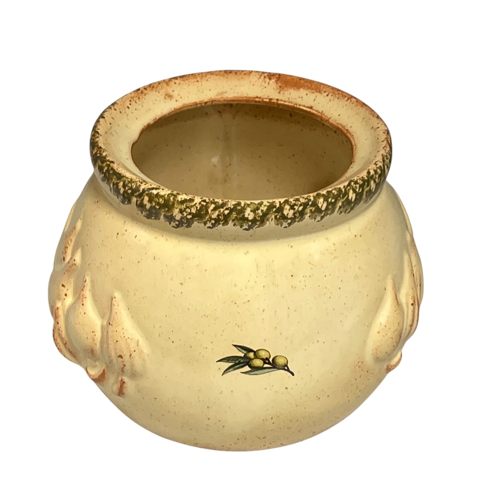 Close-up of a ceramic jar with embossed design on a white background