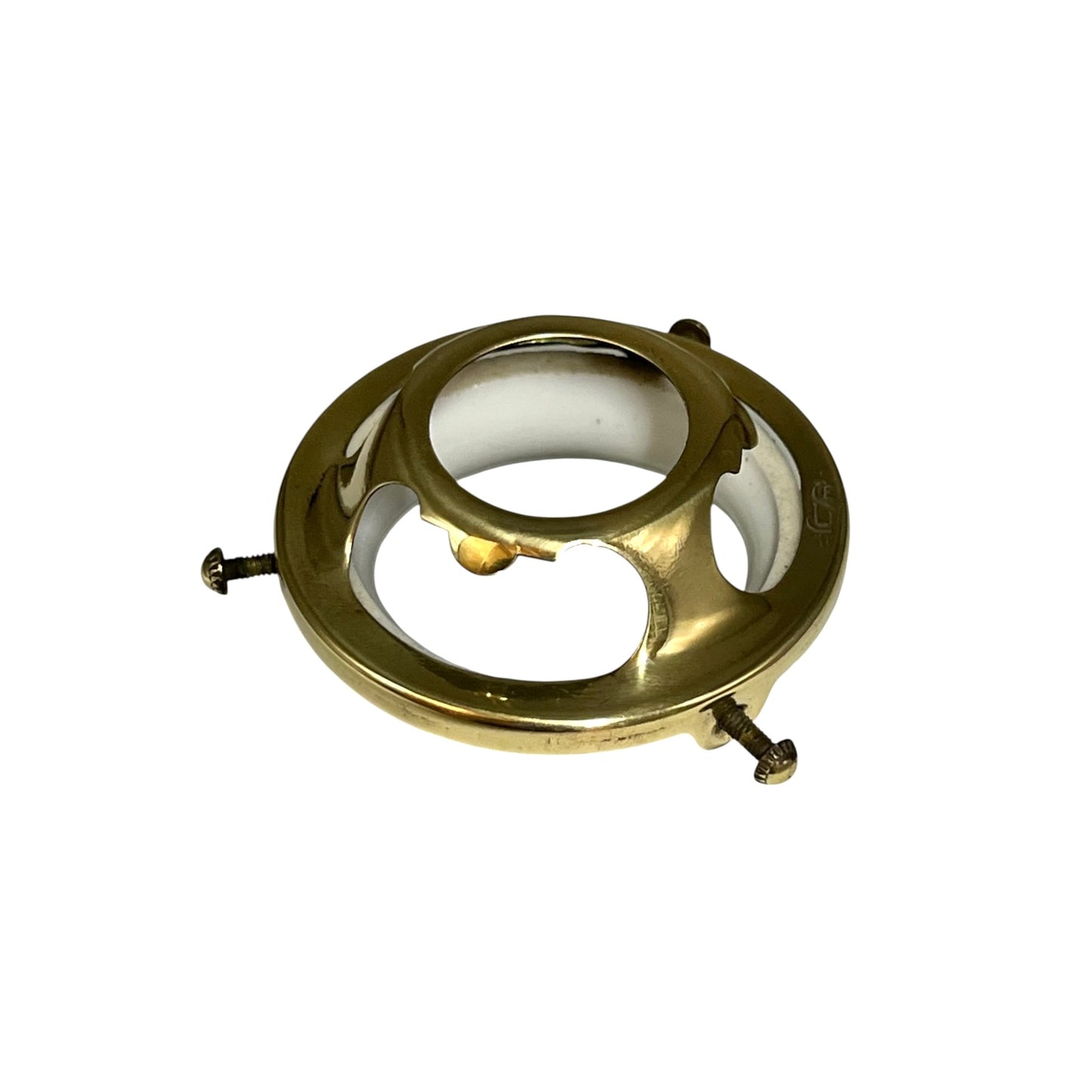 A polished brass circular ring fixture or mounting bracket with three visible screws, shown on a plain white background.