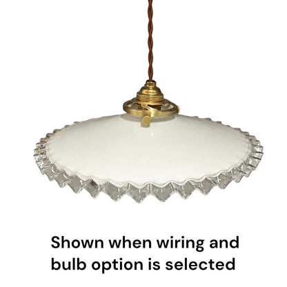 Vintage French Opaline Milk Glass Pendant Pie Crust Lampshade with Brass Collar