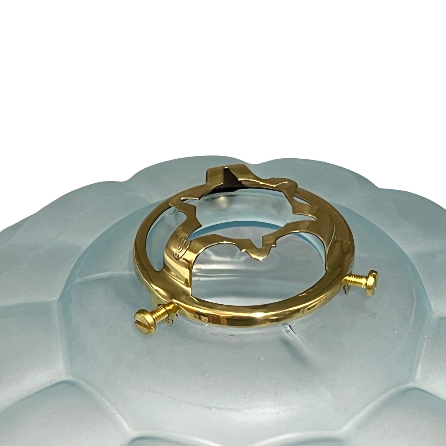 Angled view of the vintage French frosted pale blue glass pendant light shade with original brass gallery on a white background.