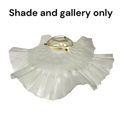A white pleated shade with a gold metal mounting ring, shown against a plain white background with the text 'Shade and gallery only' at the top.