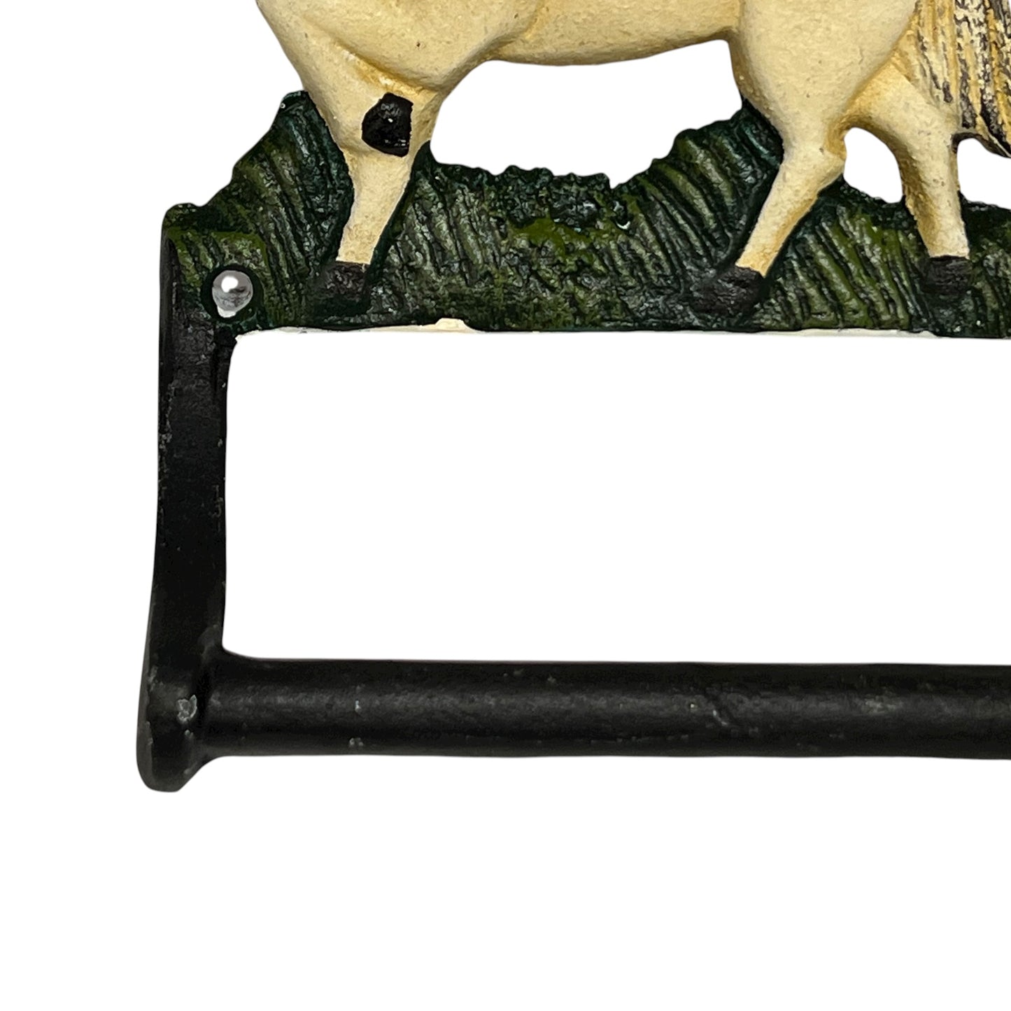 close up of cast iron toiler roll holder on a white background