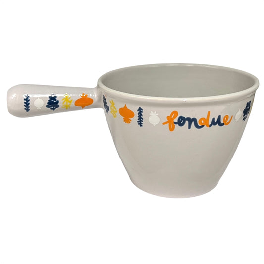 Cast iron Le Creuset fondue pot with decorative handle and 'fondue' text on a white background