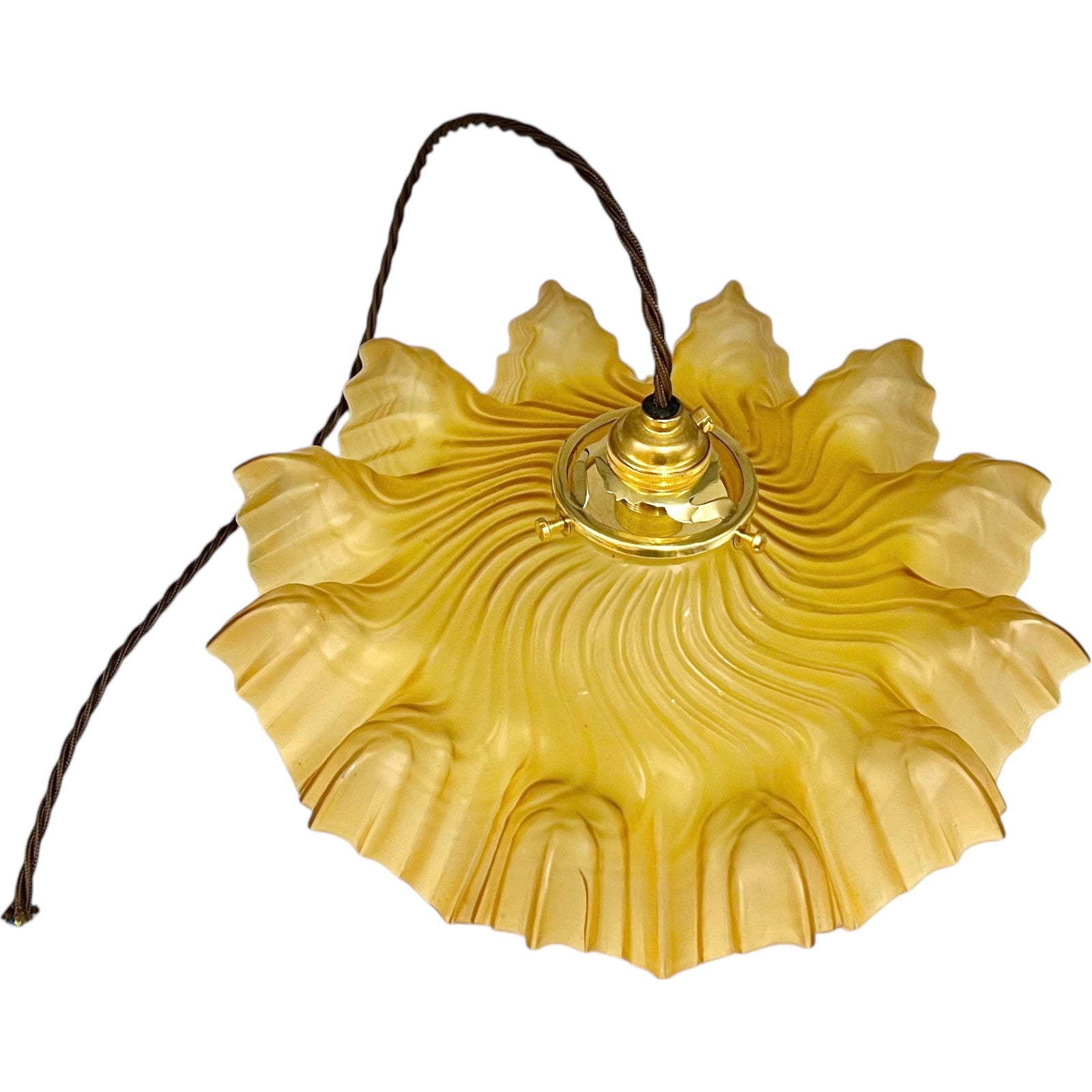 Amber coloured vintage French  pendant light with a scalloped design on a white background
