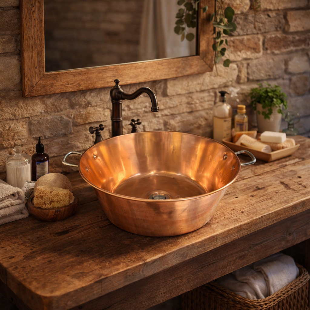 Copper sink on a wooden vanity with a stone wall background