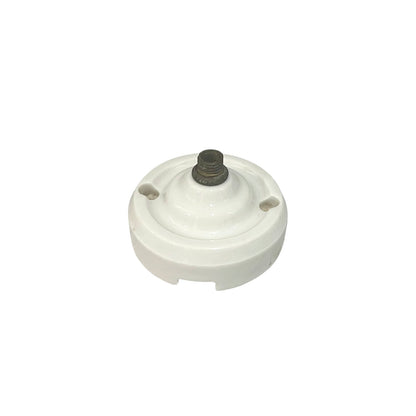White French porcelain ceiling light rose fitting with a brass screw and 2 screw holes on a white background