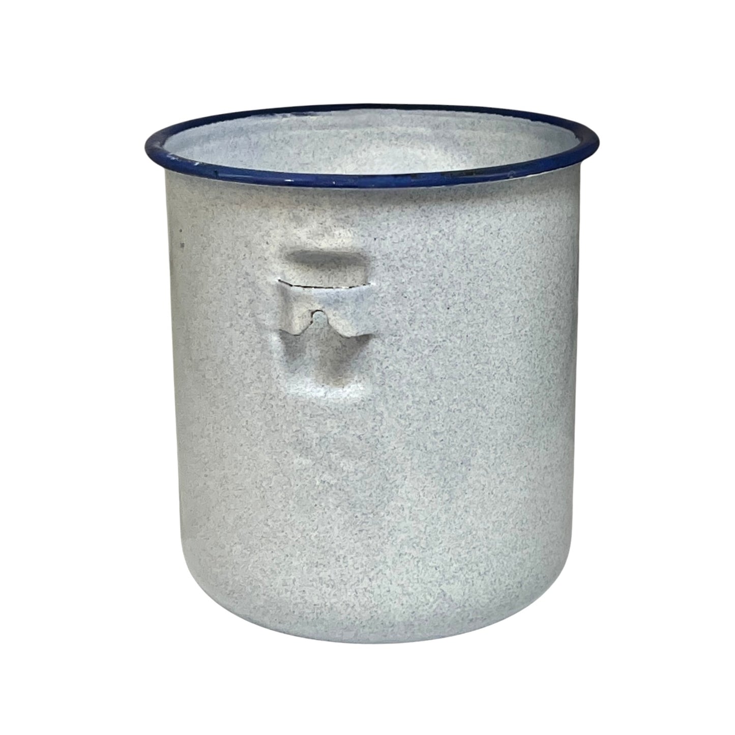 A vintage-style galvanized metal enamel cup with a speckled silver-gray finish, a dark blue rim, and a molded handle on the front, isolated on a white background.