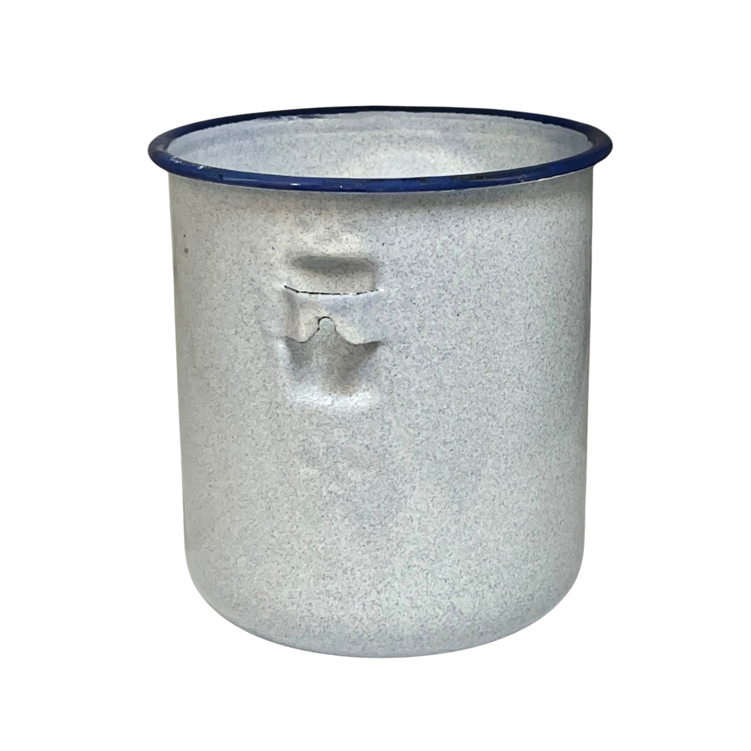 A vintage-style galvanized metal enamel cup with a speckled silver-gray finish, a dark blue rim, and a molded handle on the front, isolated on a white background.