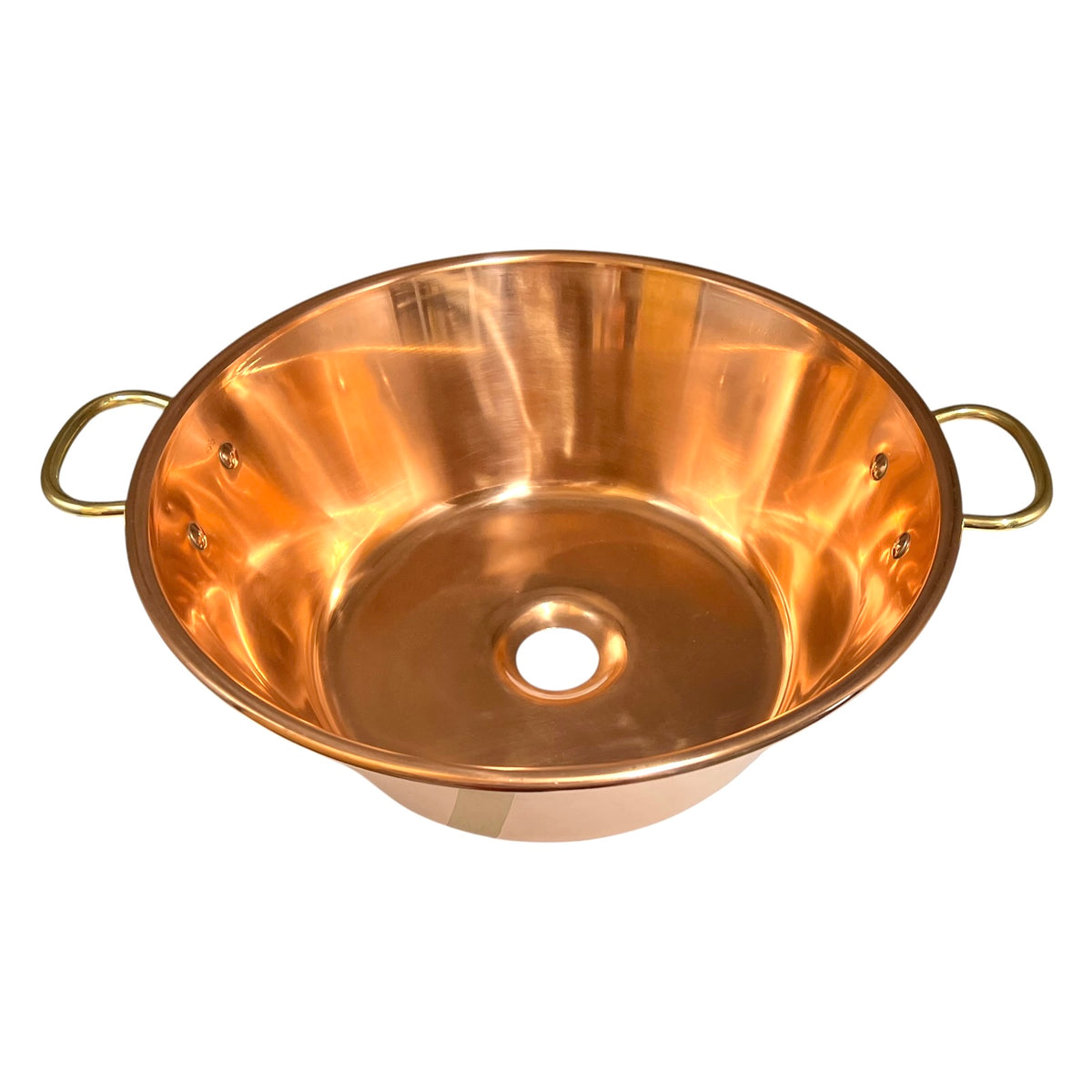 A copper sink bowl with a central hole and two loop handles on the sides, shown on a plain white background.
