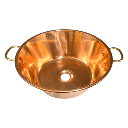 A copper sink bowl with a central hole and two loop handles on the sides, shown on a plain white background.