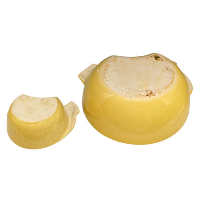 A small glossy yellow ceramic bowl with a matching small cup or scoop placed beside it on a plain white background.