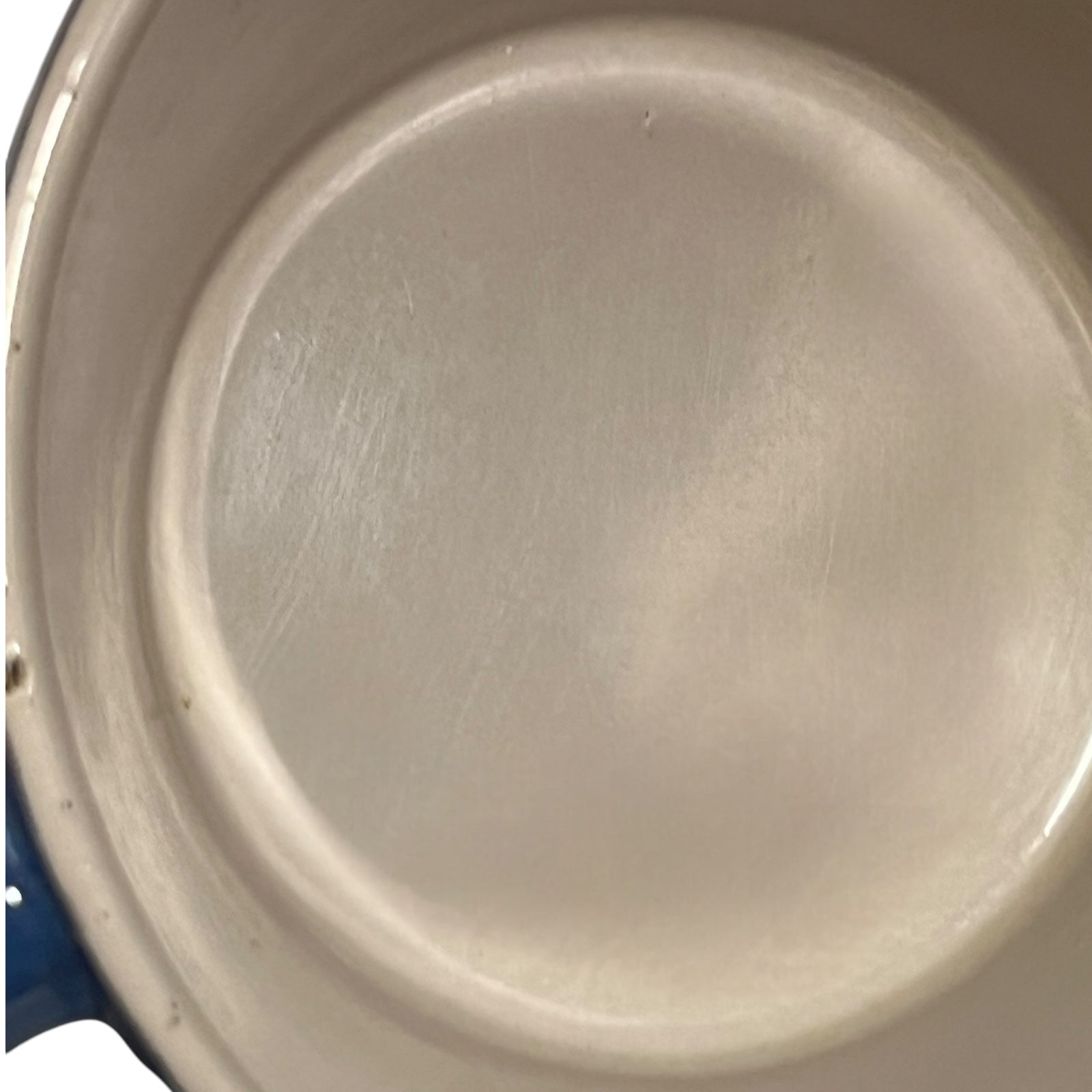 close up of  cast iron pan with beige interior on a white background