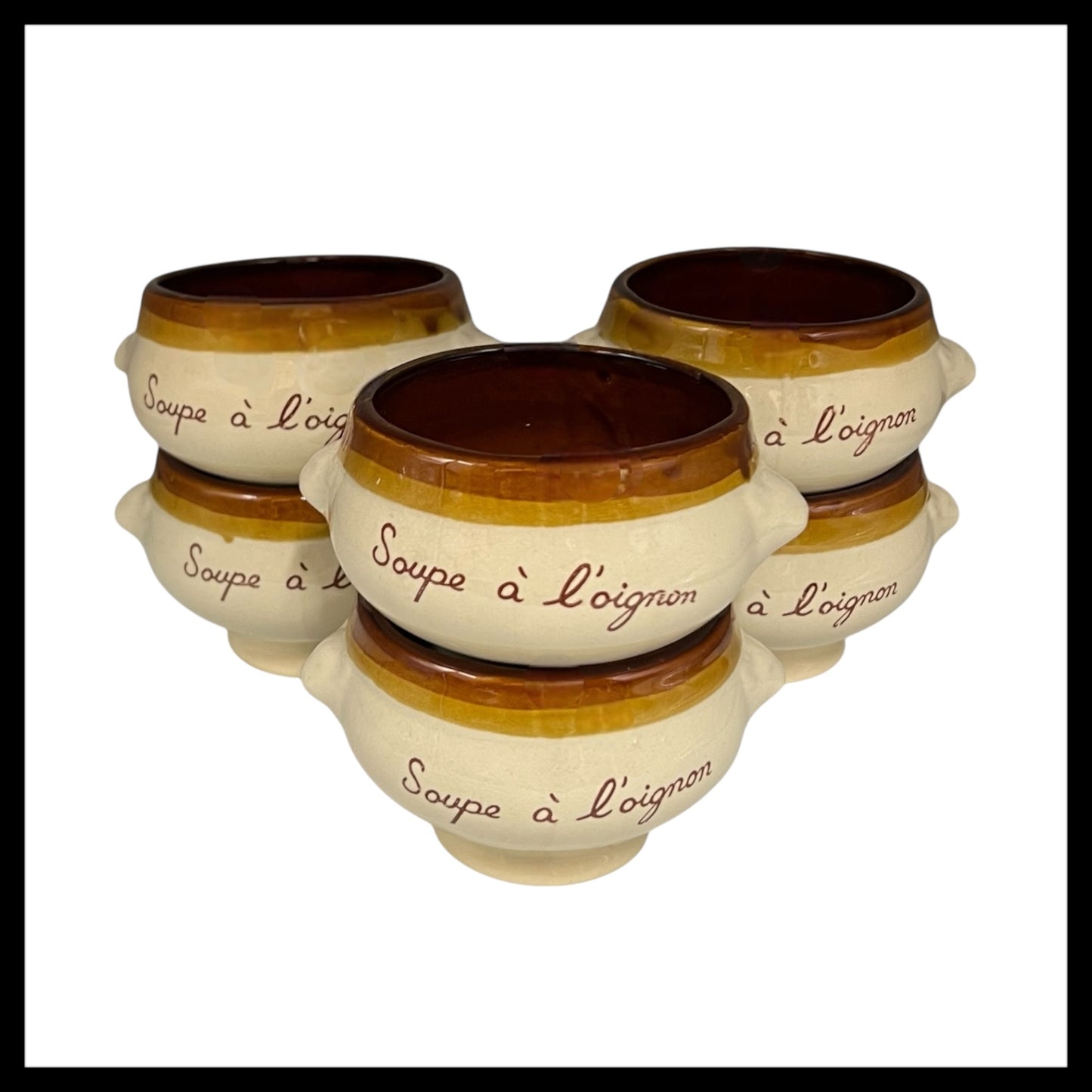 Set of 6 French vintage onion soup bowls in beige and brown glazed finish