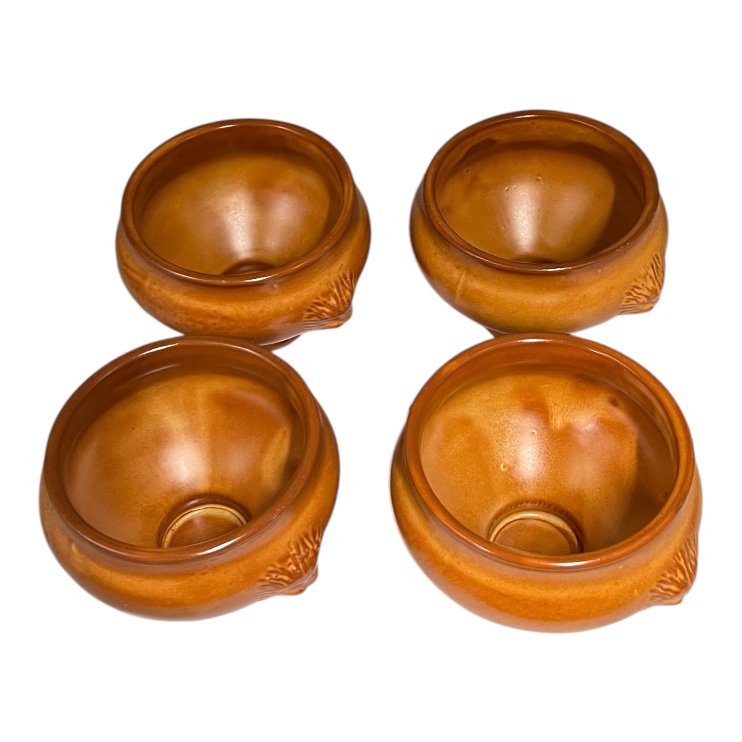 set of 4 French traditional lions head handle soup bowls on a white background