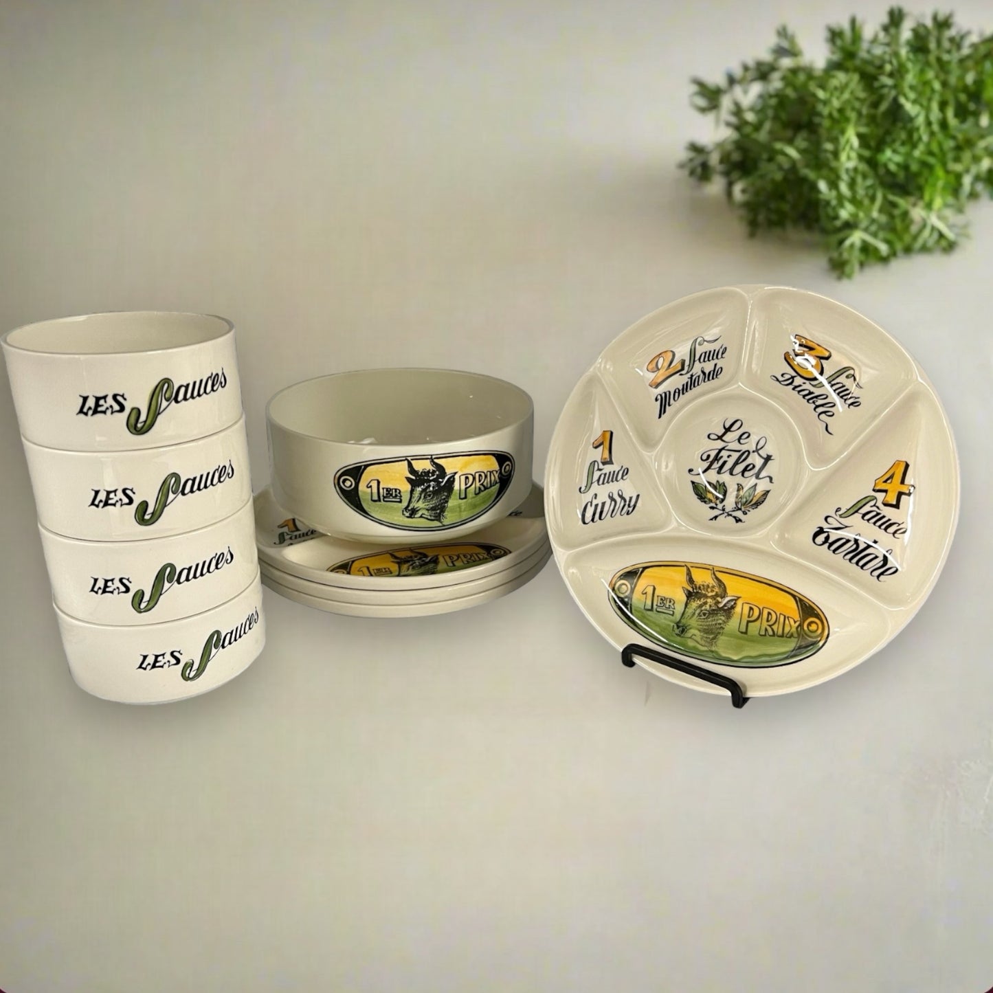 Fondue Plates and Bowl Set by Gien, Complete Vintage French Fondue Service 